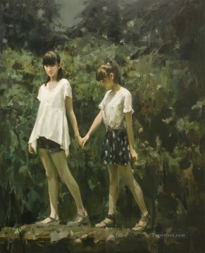 中国の女の子 Painting - 川を渡る女の子たち 中国の女の子